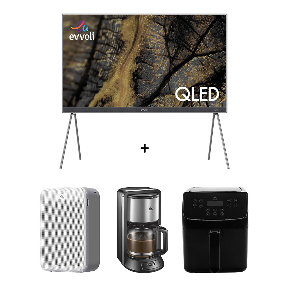 Buy Evvoli 86 Inch QLED Android Smart TV With Evvo SoundBar System +   Touch screen Air Fryer + Smart Air Purifier +  Liters Coffee Machine  Combo With 2 Years Of