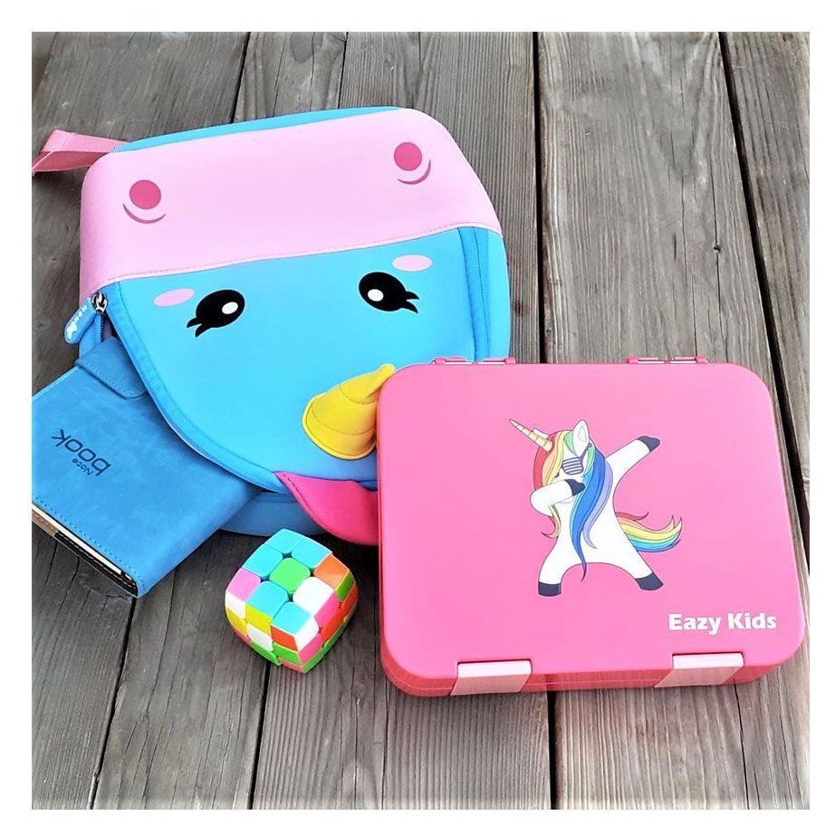 Eazy Kids 6 & 4 Convertible Bento Lunch Box w/ sandwich cutter- Unicorn  Pink