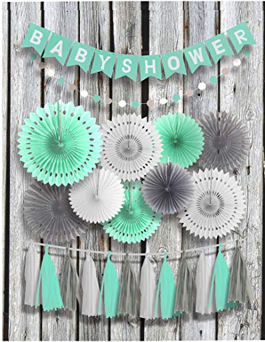 Mint green and gray baby 2024 shower decorations